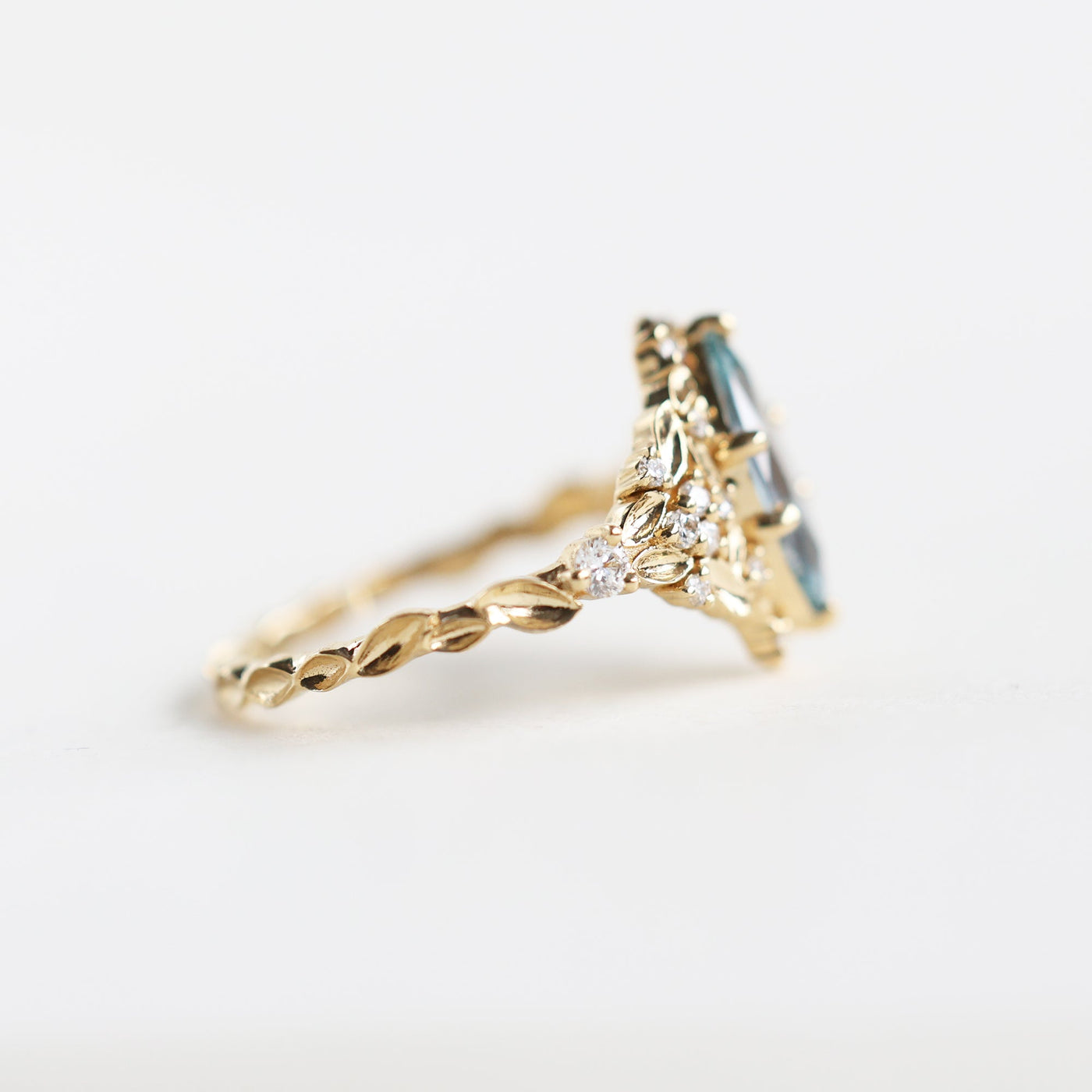 Elara marquise aqua sapphire ring with leaf detail and diamonds - Ready to Ship