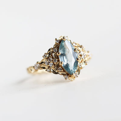 Elara marquise aqua sapphire ring with leaf detail and diamonds - Ready to Ship