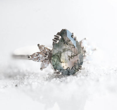 Pear Moss Agate, Platinum Ring with Side Marquise-Cut White Diamonds