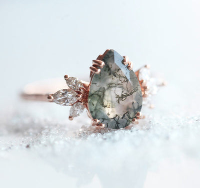 Pear Moss Agate, Rose Gold Ring with Side Marquise-Cut White Diamonds
