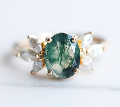 Pear Moss Agate Ring with Side Marquise-Cut White Diamonds