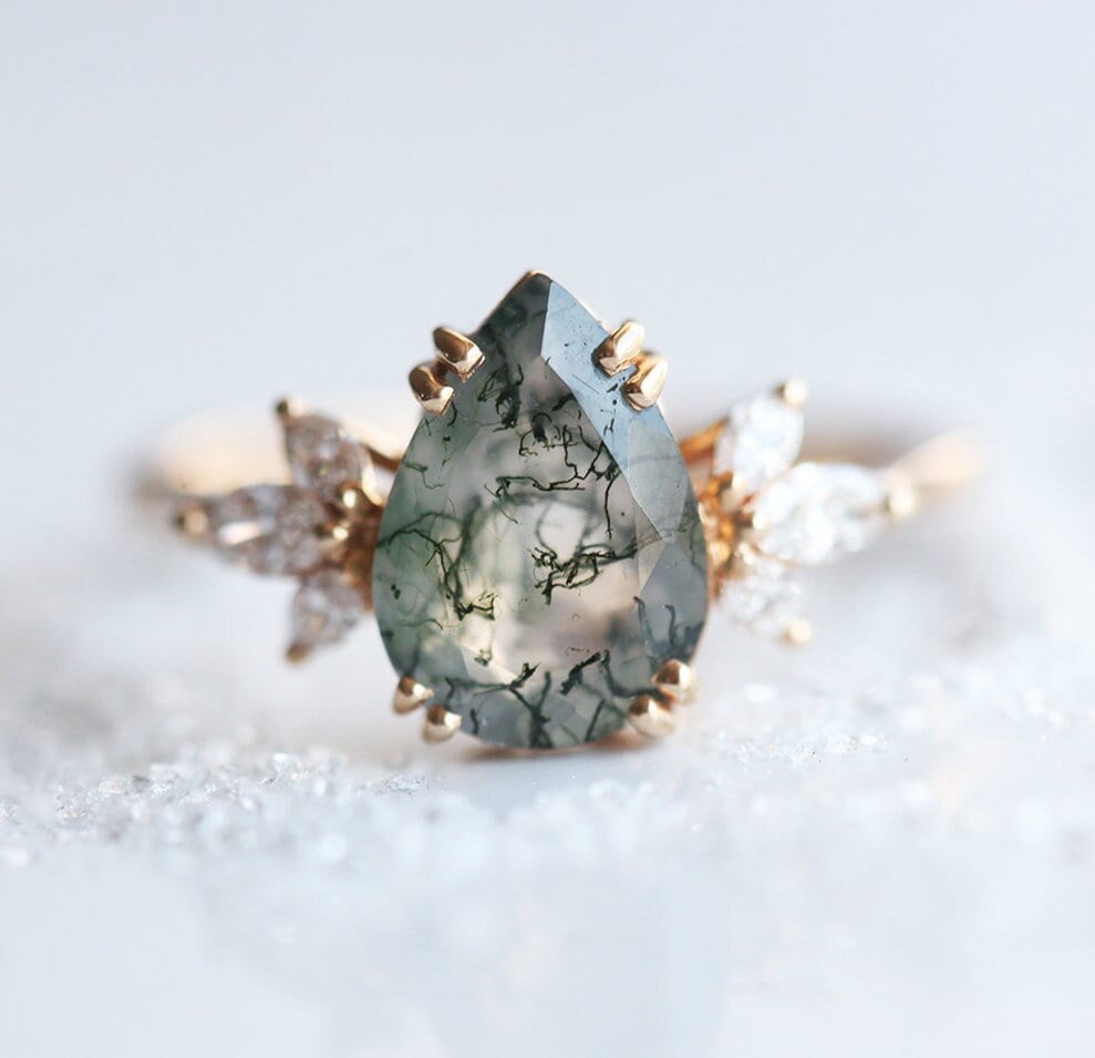 Pear Moss Agate Ring with Side Marquise-Cut White Diamonds