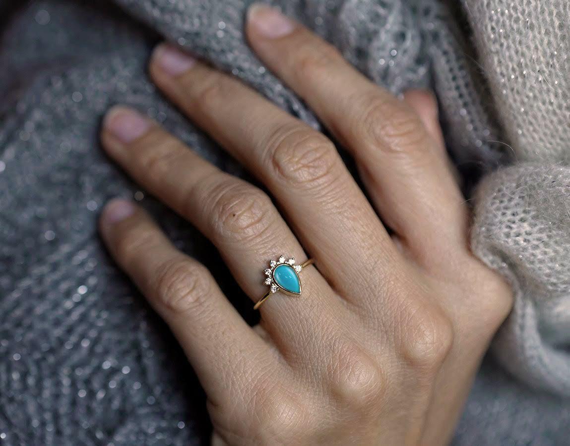 Pear Turquoise Half-Halo Ring with Side White Diamonds