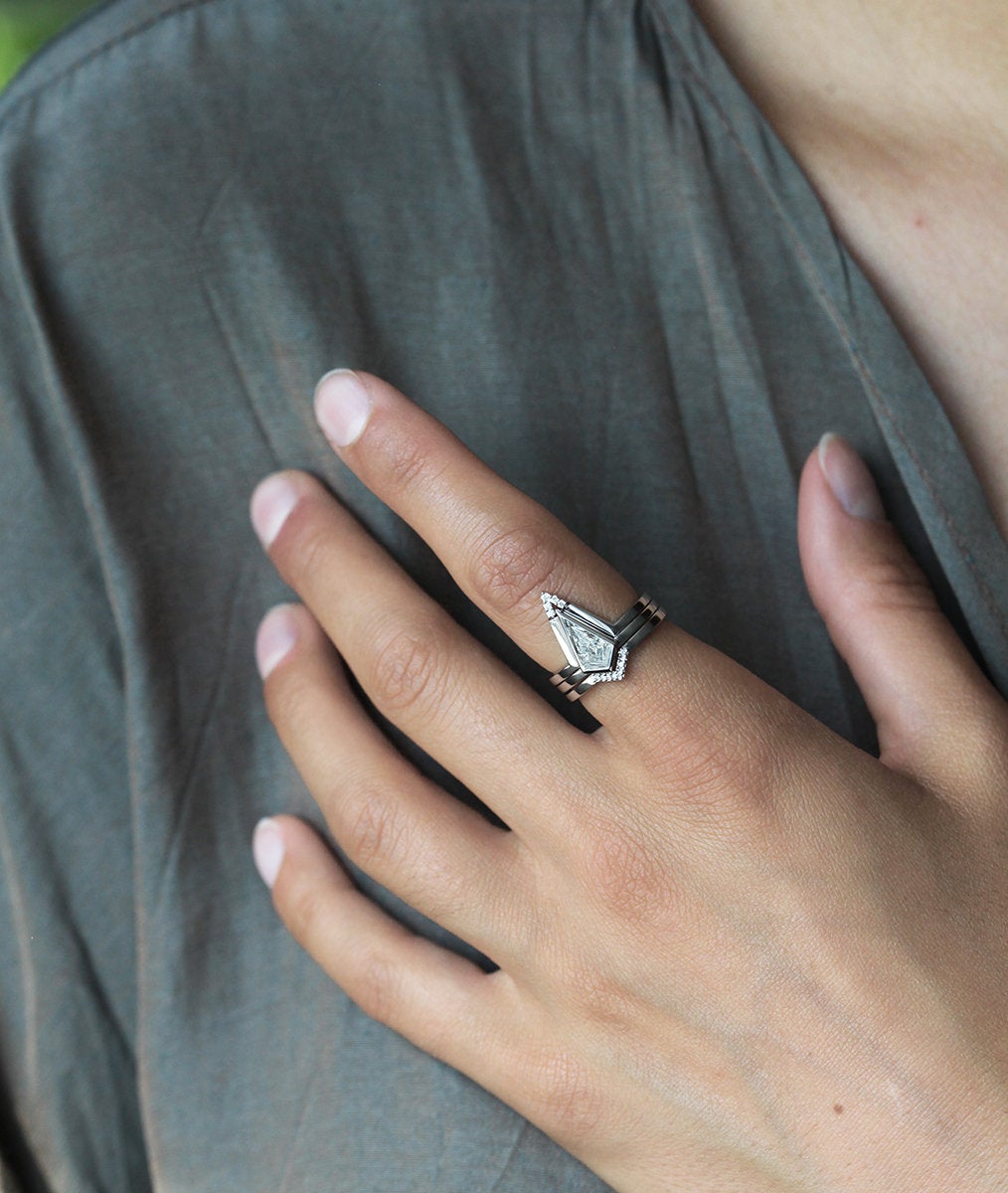 Kite White Diamond Ring complemented by 2 Nesting Pave Diamond Rings