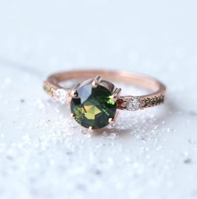 Round green sapphire ring with diamond, garnet, tourmaline and demantoid side stones