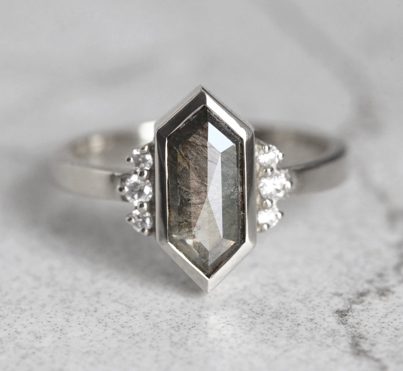 Hexagon Salt & Pepper Diamond, Platinum Ring with Round White Side Diamonds