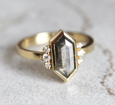 Hexagon Salt & Pepper Diamond Ring with Round White Side Diamonds