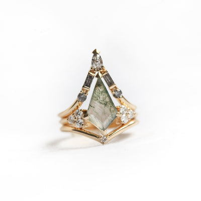 Kite Moss Agate Diamond Three Ring Set with Various White and Salt & Pepper Diamonds
