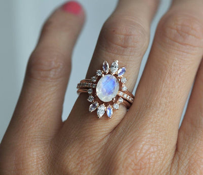 Oval Moonstone Wedding Ring Set with White Diamonds