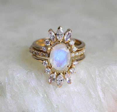 Oval Moonstone Wedding Ring Set with White Diamonds