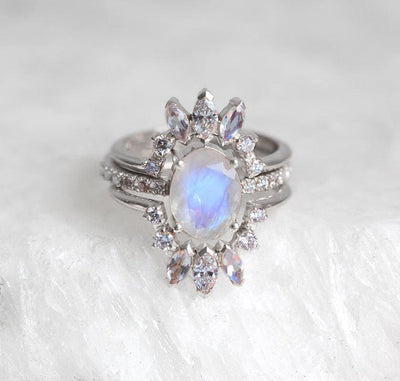 Oval Moonstone Wedding Ring Set with White Diamonds