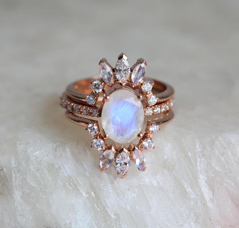 Oval Moonstone Wedding Ring Set with White Diamonds