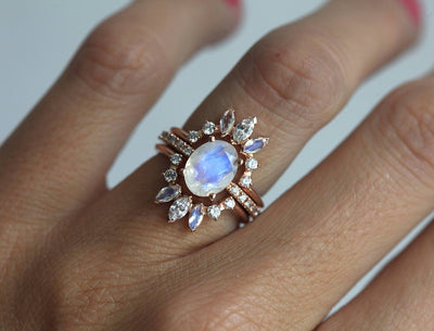 Oval Moonstone Wedding Ring Set with White Diamonds