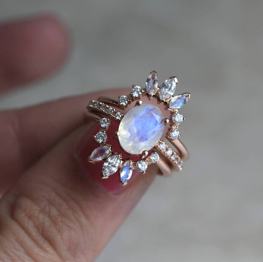 Oval Moonstone Wedding Ring Set with White Diamonds