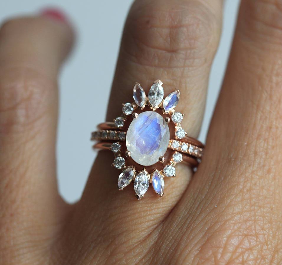 Oval Moonstone Wedding Ring Set with White Diamonds