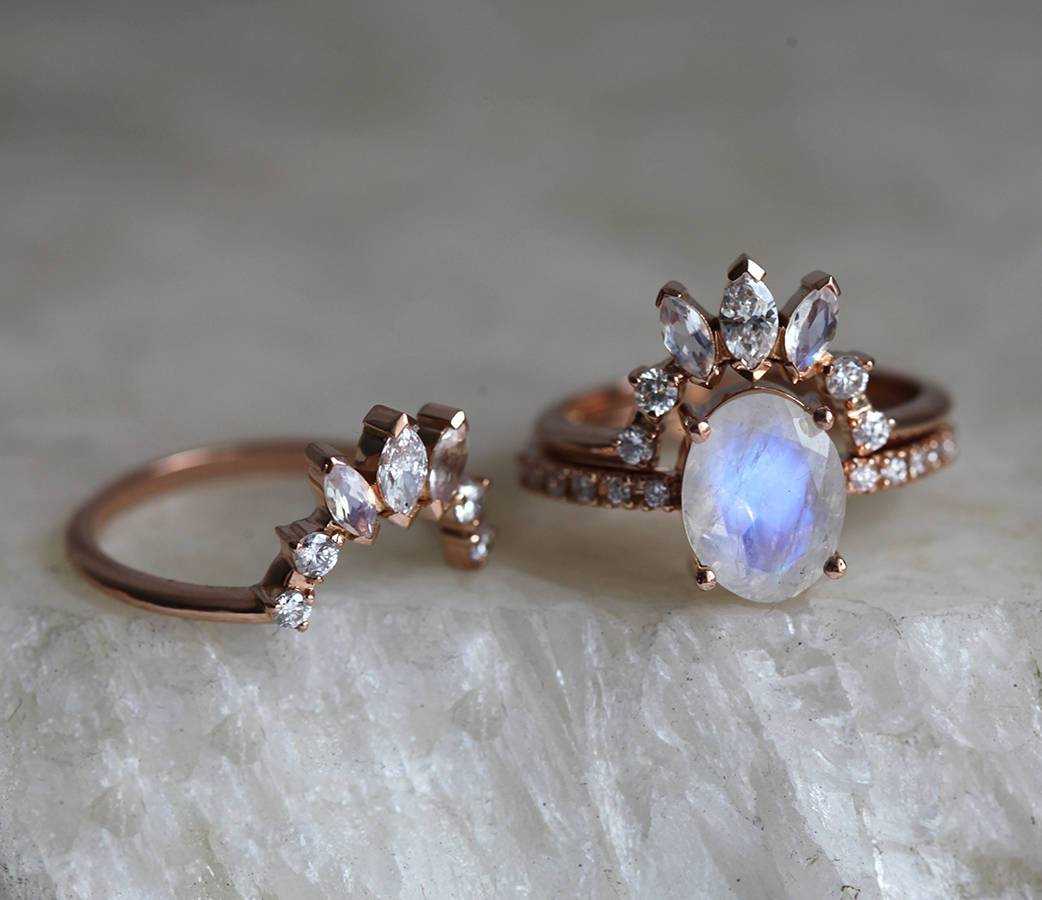 Oval Moonstone Wedding Ring Set with White Diamonds