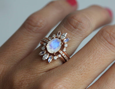 Oval Moonstone Wedding Ring Set with White Diamonds