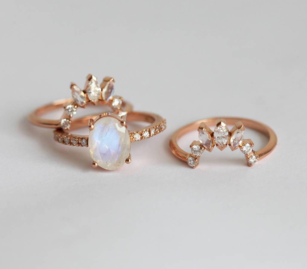 Oval Moonstone Wedding Ring Set with White Diamonds