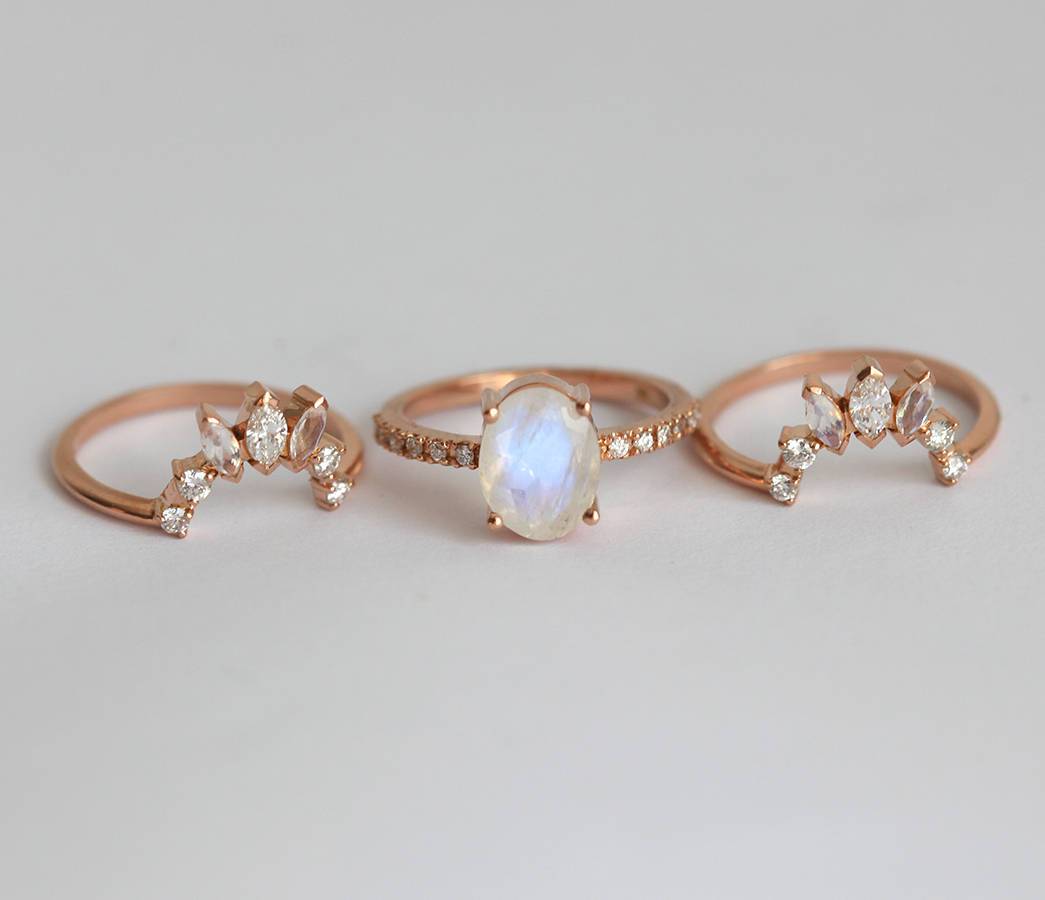 Oval Moonstone Wedding Ring Set with White Diamonds