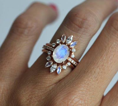 Oval Moonstone Wedding Ring Set with White Diamonds