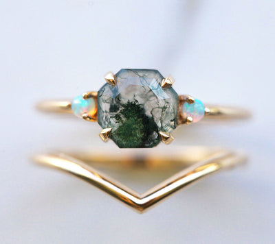 Octagon Moss Agate, Yellow Gold Ring Set with 2 Side Australian Opal Stones