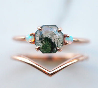 Octagon Moss Agate Ring Set with 2 Side Australian Opal Stones