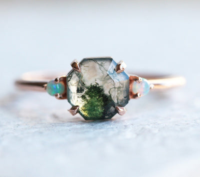 Octagon Moss Agate Ring with 2 Side Australian Opal Stones