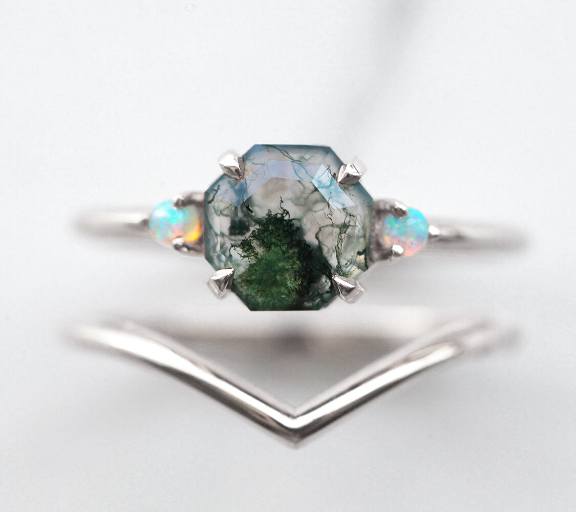 Octagon Moss Agate, Platinum Ring Set with 2 Side Australian Opal Stones