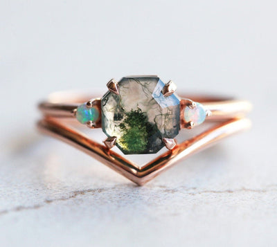 Octagon Moss Agate Ring Set with 2 Side Australian Opal Stones