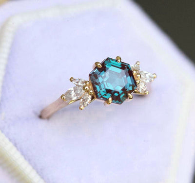 Teal Hexagon Alexandrite, Yellow Gold Ring with Side Marquise-Cut White Diamonds