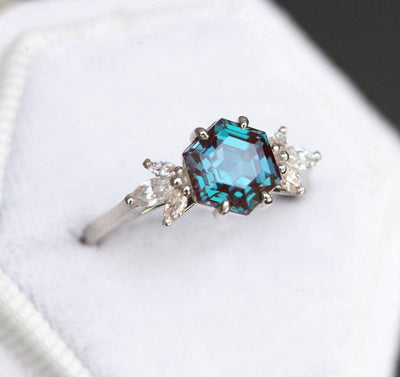 Teal Hexagon Alexandrite, White Gold Ring with Side Marquise-Cut White Diamonds