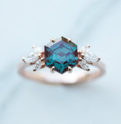 Teal Hexagon Alexandrite Ring with Side Marquise-Cut White Diamonds
