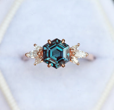 Teal Hexagon Alexandrite Ring with Side Marquise-Cut White Diamonds