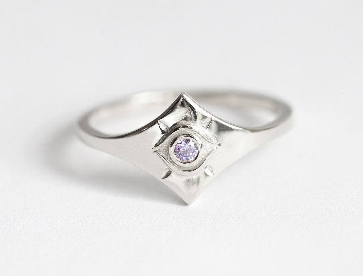 Purple Round Tanzanite Evil Eye Looking White Gold Ring