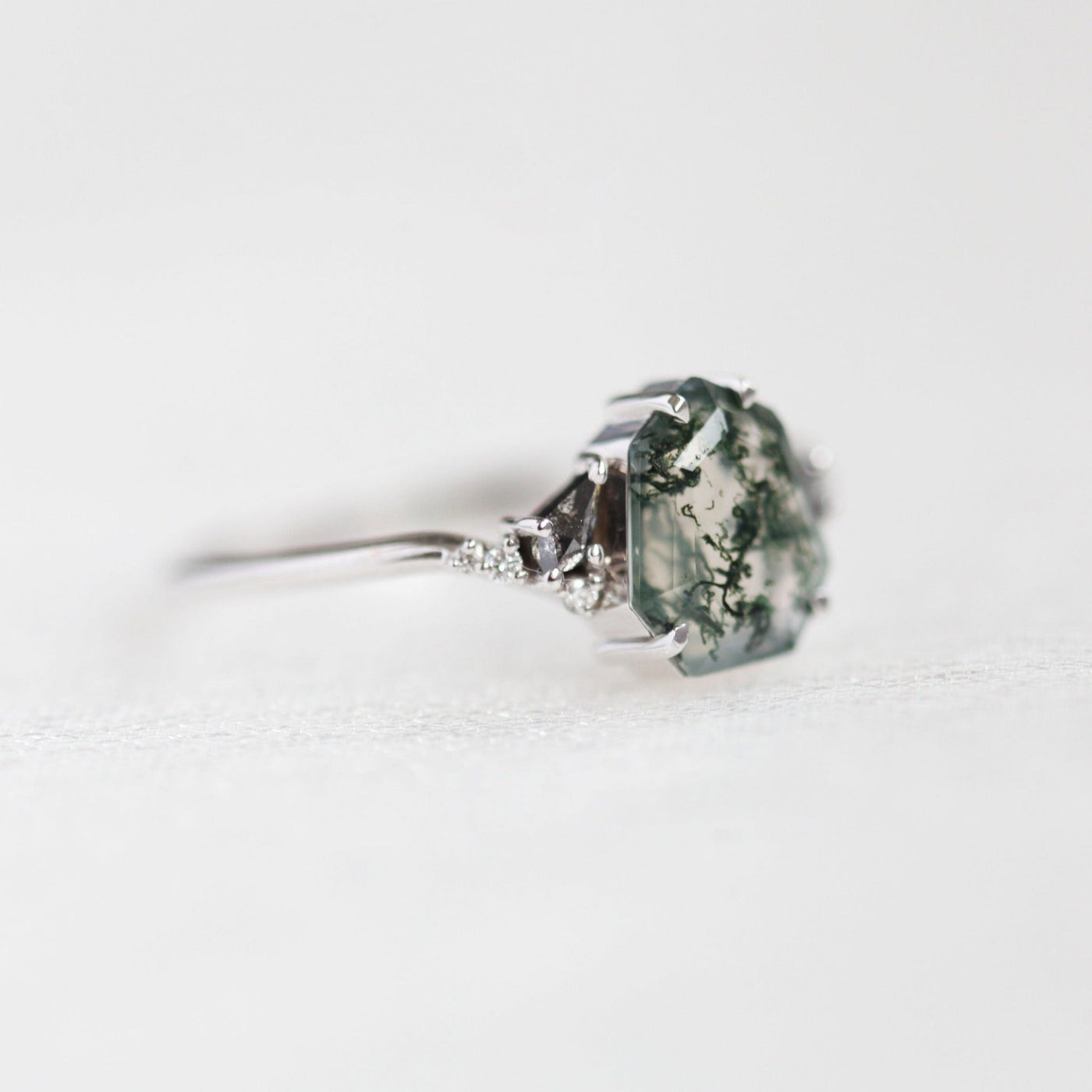 Heptagon Moss Agate Ring with Side White and Salt & Pepper Diamonds