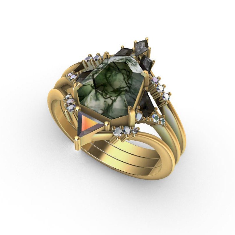 Heptagon Moss Agate Ring Set with Side White and Salt & Pepper Diamonds