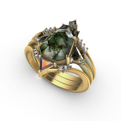 Heptagon Moss Agate Ring Set with Side White and Salt & Pepper Diamonds