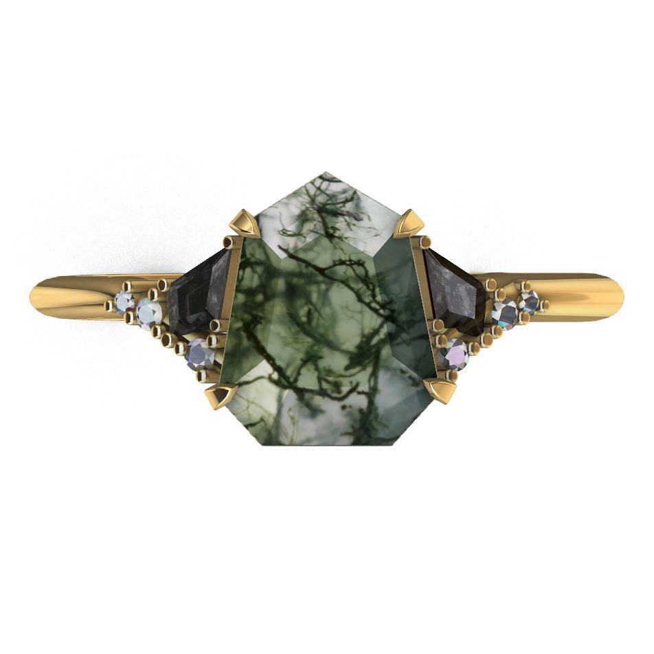 Heptagon Moss Agate Ring with Side White and Salt & Pepper Diamonds