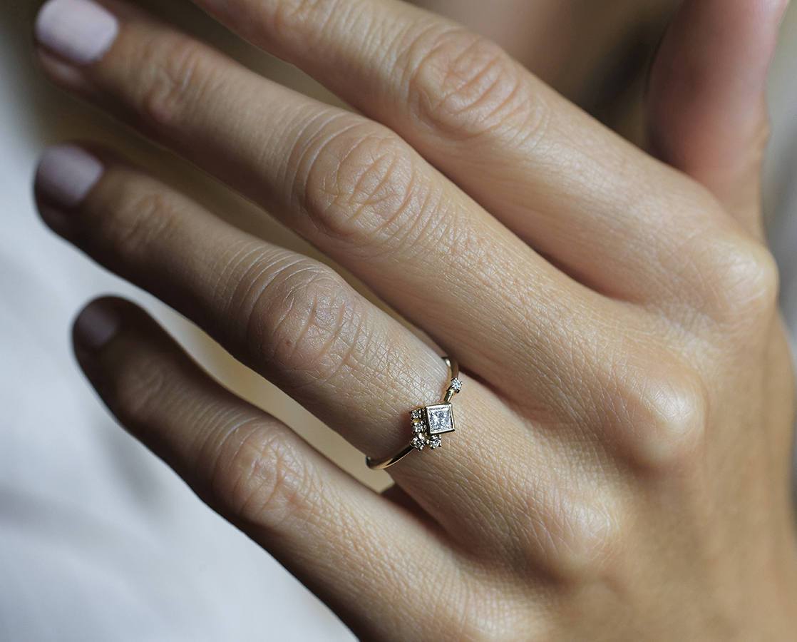 Princess Cut White Diamond Cluster Ring with Round White Side Diamonds