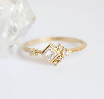 Princess Cut White Diamond Cluster Ring with Round White Side Diamonds