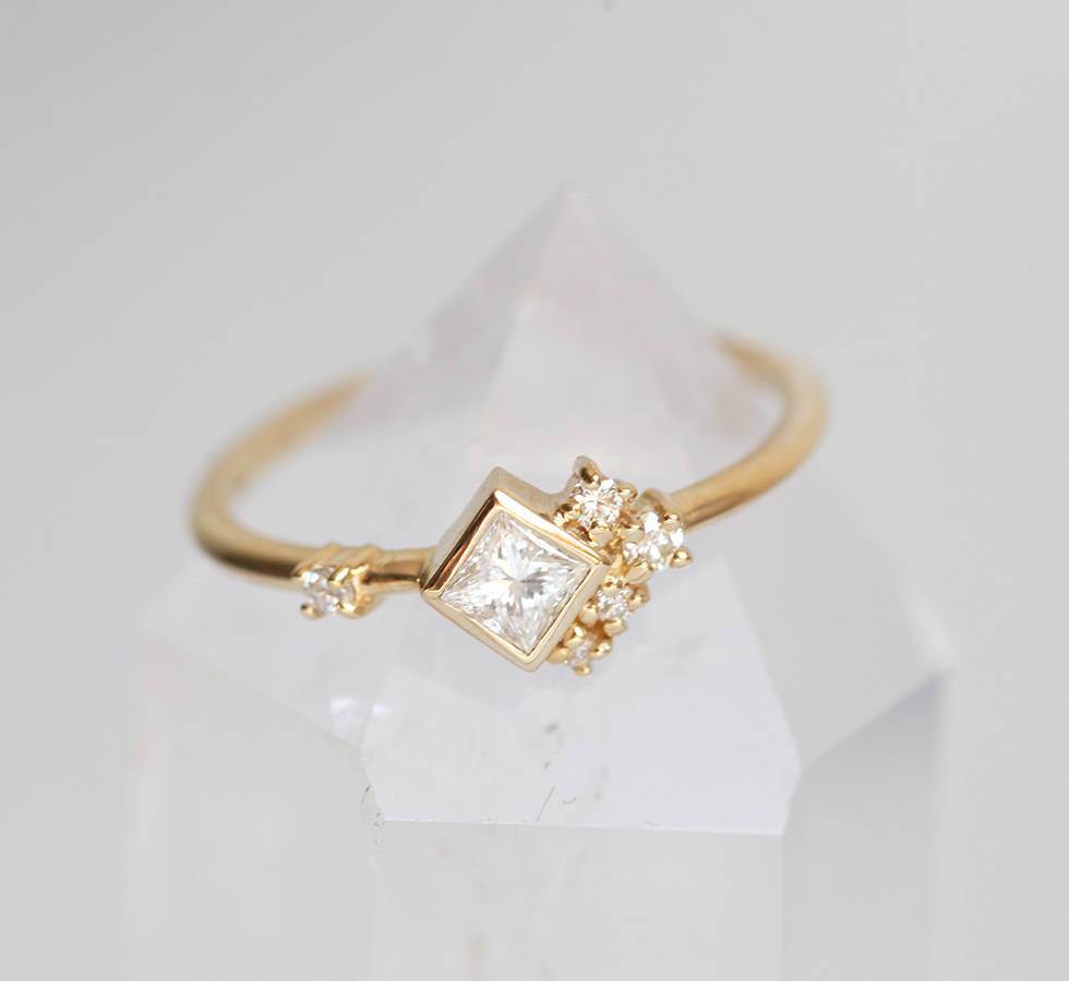 Princess Cut White Diamond Cluster Ring with Round White Side Diamonds