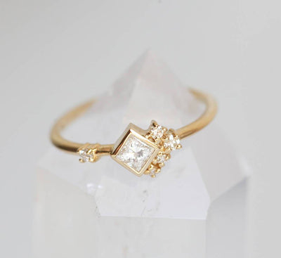 Princess Cut White Diamond Cluster Ring with Round White Side Diamonds