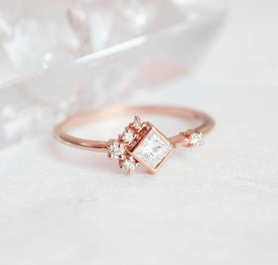 Princess Cut White Diamond Cluster Ring with Round White Side Diamonds