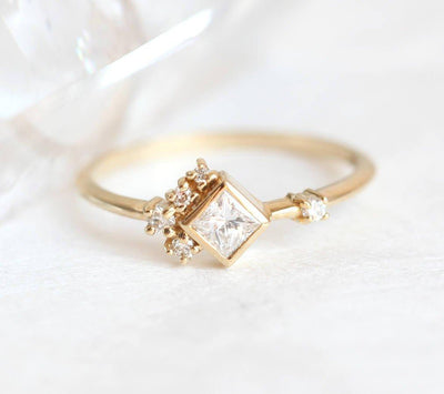 Princess Cut White Diamond Cluster Ring with Round White Side Diamonds