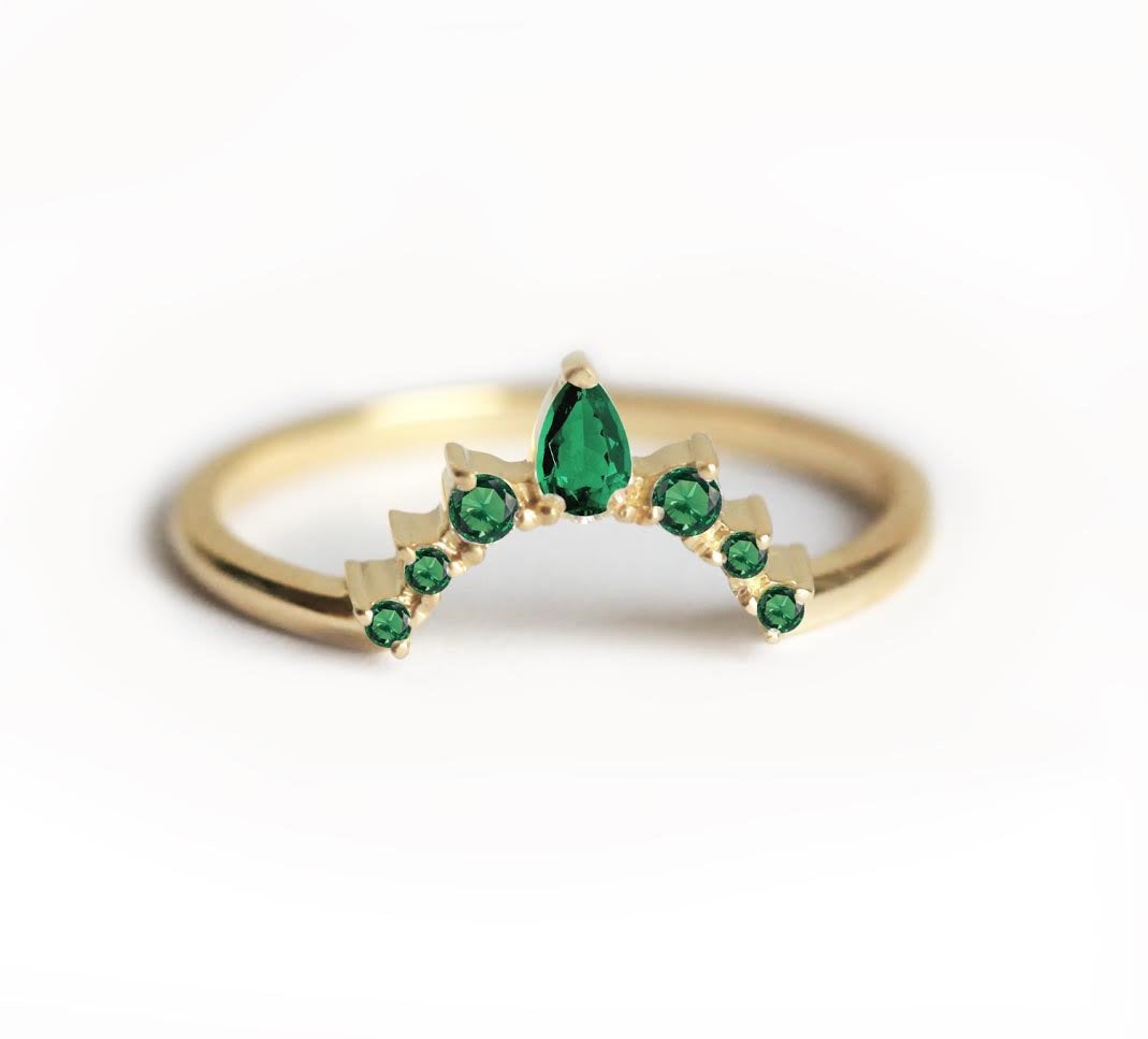 Pear Green Emerald Wedding Band with Side Round Emeralds