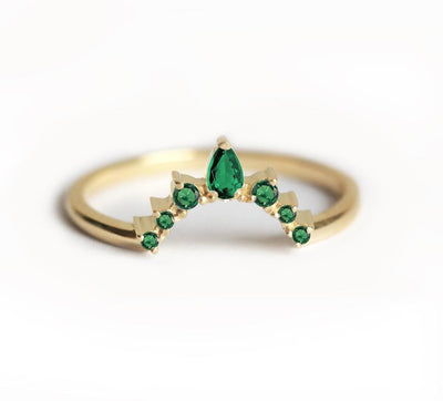 Pear Green Emerald Wedding Band with Side Round Emeralds