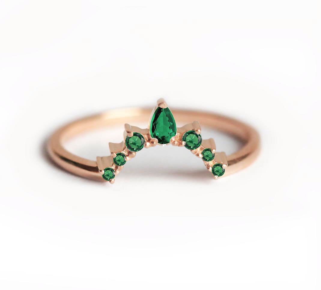 Pear Green Emerald Wedding Band with Side Round Emeralds