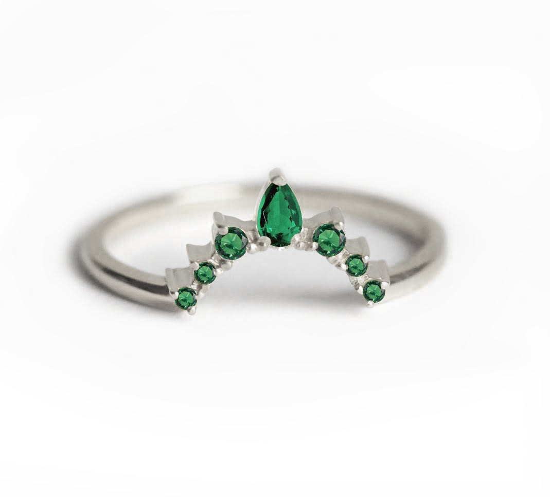 Pear Green Emerald Wedding Band with Side Round Emeralds