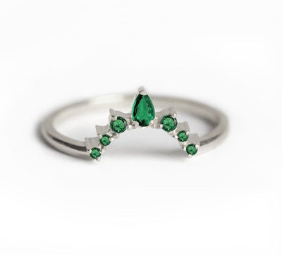Pear Green Emerald Wedding Band with Side Round Emeralds