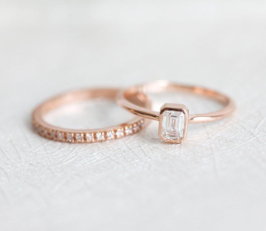 Emerald-Cut White Diamond Ring with Pave Diamond Ring Eternity Band